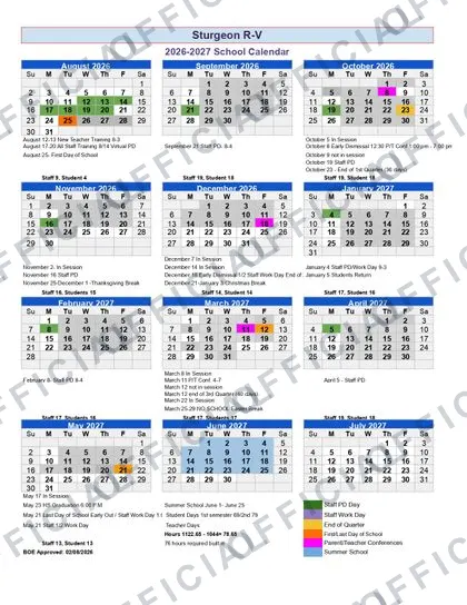 Sturgeon R-V 2026-27 calendar