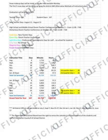 Warren County R-III School District 2026-27 calendar