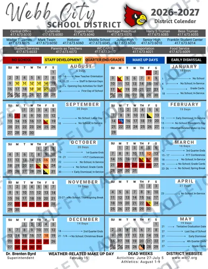 Webb City School District 2026-27 calendar