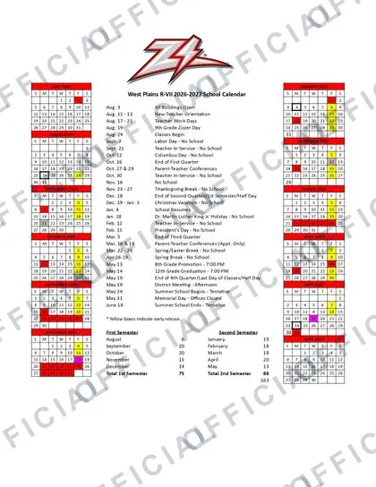 West Plains R-VII 2026-27 calendar