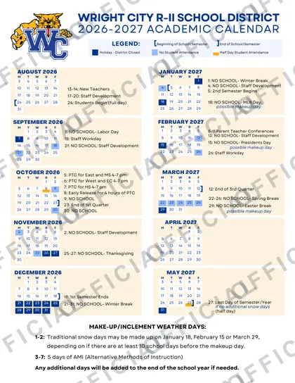 Wright City R-II School District 2026-27 calendar