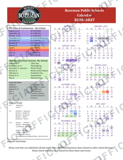 Bozeman Public Schools 2026-27 calendar