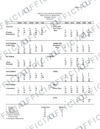 Great Falls Public Schools 2026-27 calendar