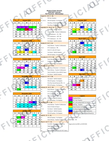 Beatrice Public Schools 2026-27 calendar