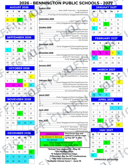 Bennington Public Schools 2026-27 calendar