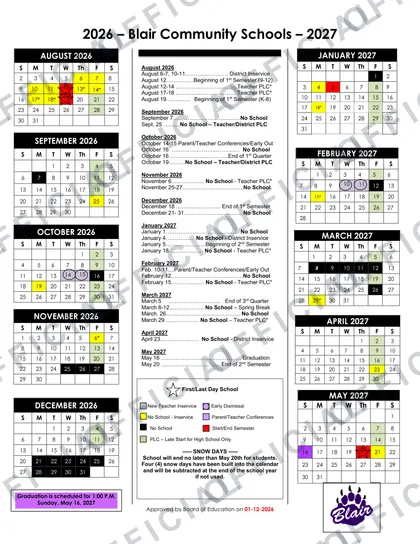 Blair Community Schools 2026-27 calendar