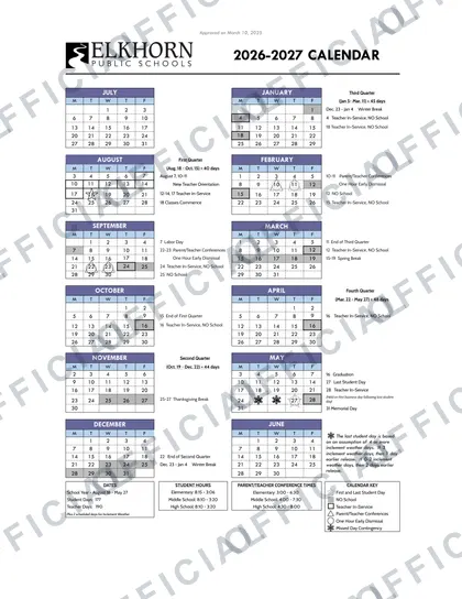 Elkhorn Public Schools 2026-27 calendar