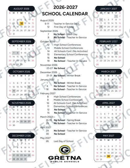 Gretna Public Schools 2026-27 calendar