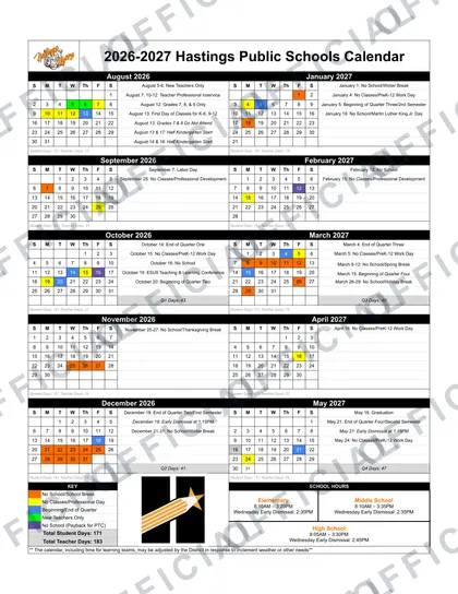 Hastings Public Schools 2026-27 calendar