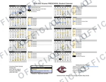 Kramer Preschool 2026-27 calendar