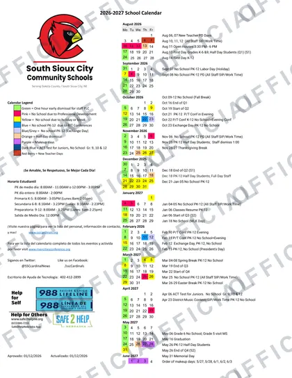 South Sioux City Community Schools 2026-27 calendar
