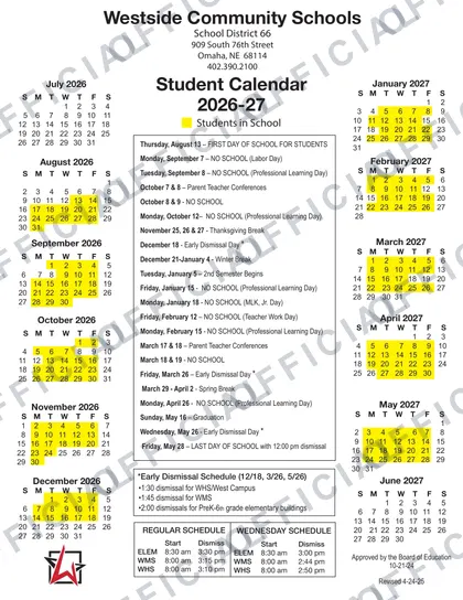 Westside Community Schools 2026-27 calendar