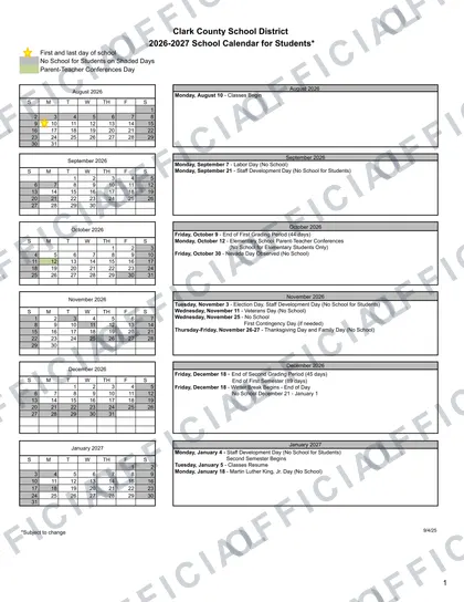 Clark County School District 2026-27 calendar