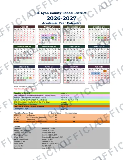 Lyon County School District 2026-27 calendar