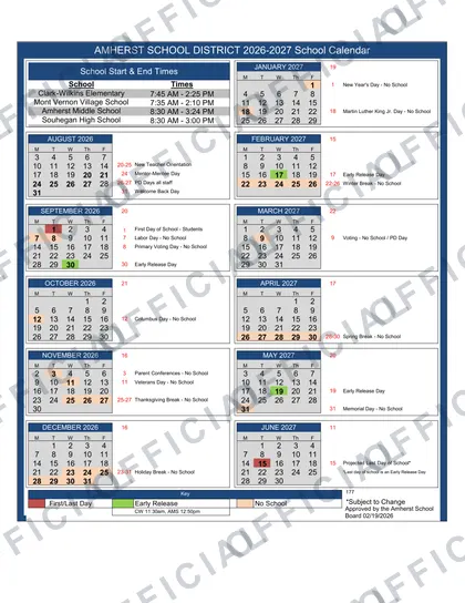 Amherst School District 2026-27 calendar