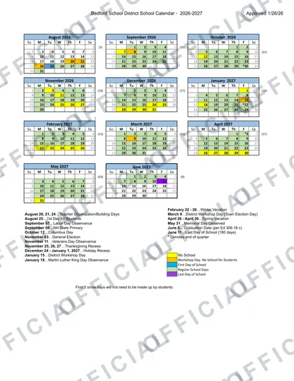 Bedford School District 2026-27 calendar