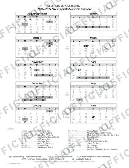 Deerfield School District 2026-27 calendar