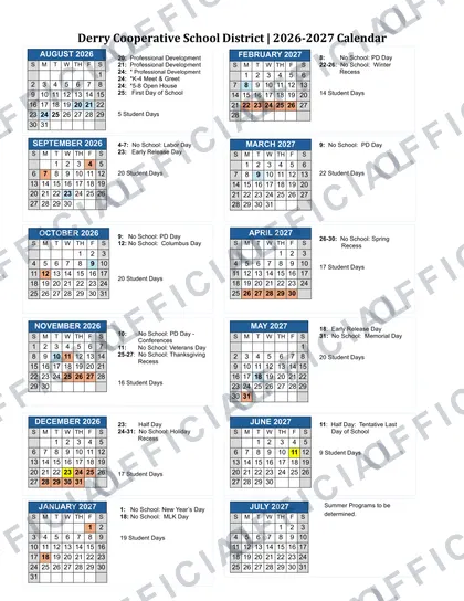 Derry Cooperative School District 2026-27 calendar