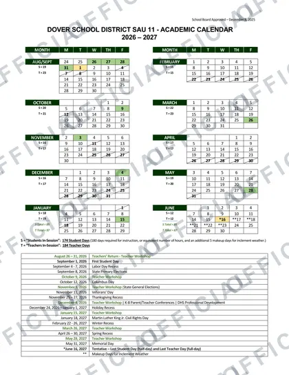 Dover School District SAU 11 2026-27 calendar
