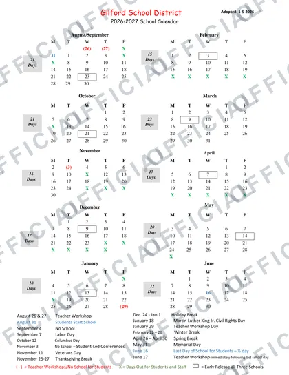 Gilford School District 2026-27 calendar