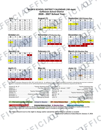 Goffstown School District 2026-27 calendar
