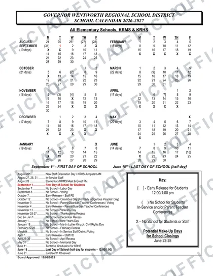 Governor Wentworth Regional School District 2026-27 calendar