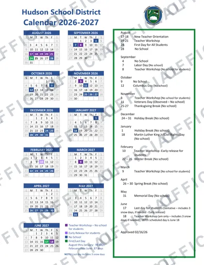Hudson School District 2026-27 calendar