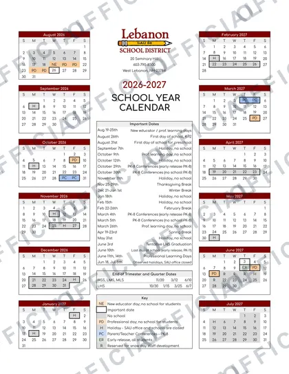Lebanon School District 2026-27 calendar