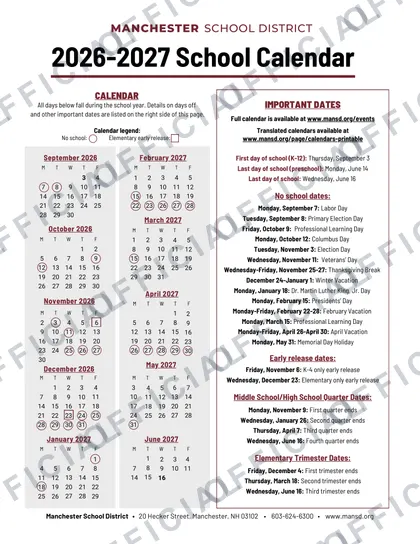 Manchester School District 2026-27 calendar