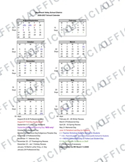 Merrimack Valley School NH mvhs 2026-27 calendar
