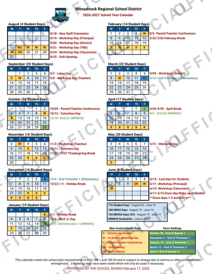 Monadnock Regional School District 2026-27 calendar