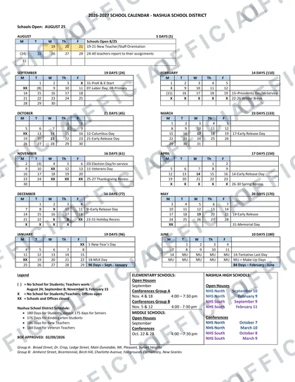 Nashua School District 2026-27 calendar