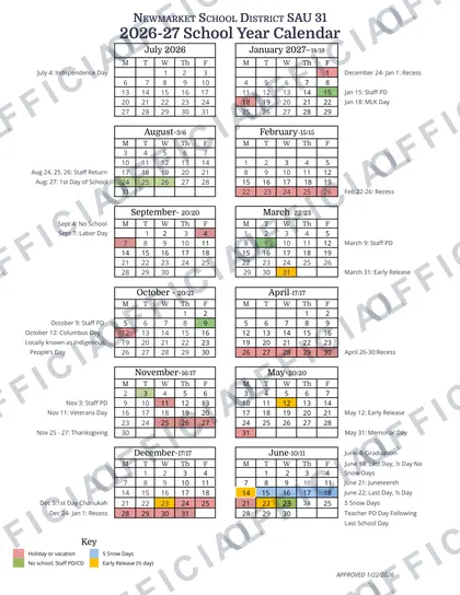 Newmarket School District SAU 31 2026-27 calendar