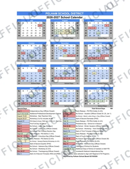 Pelham School District SAU28 2026-27 calendar