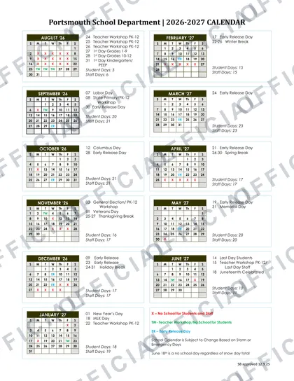 Portsmouth School Department 2026-27 calendar