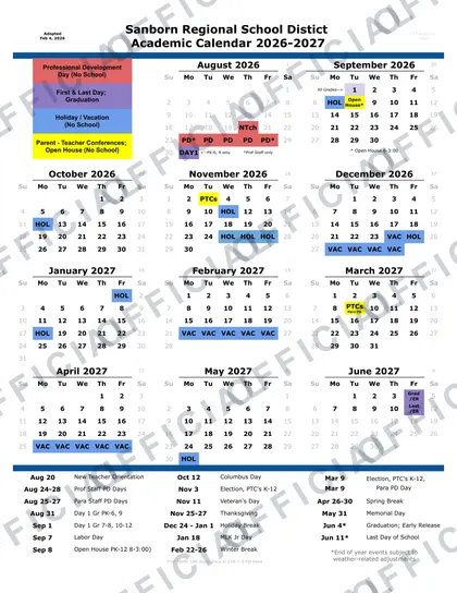 Sanborn Regional School SAU17 District 2026-27 calendar