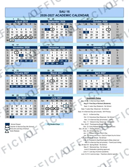 SAU 16 District 2026-27 calendar