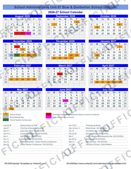 School Administrative Unit 67 2026-27 calendar