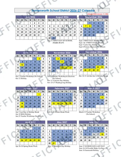 Somersworth School District 2026-27 calendar