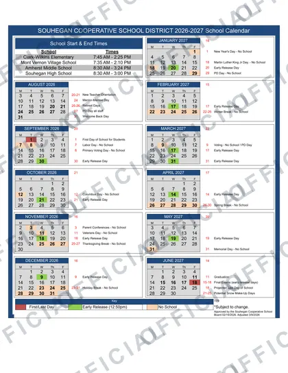 Souhegan Cooperative School District 2026-27 calendar