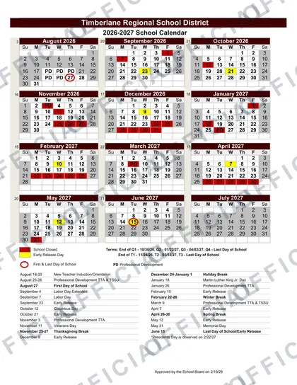 Timberlane Regional School District 2026-27 calendar