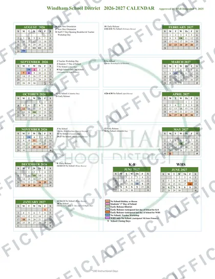 Windham School District 2026-27 calendar