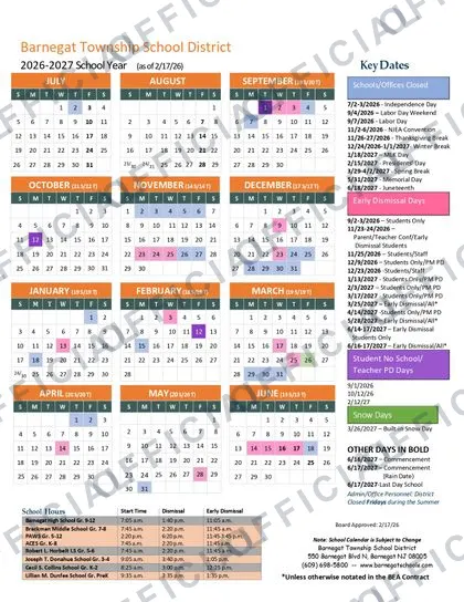 Barnegat Township School District 2026-27 calendar
