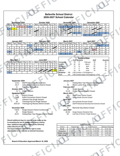 Belleville School District 2026-27 calendar
