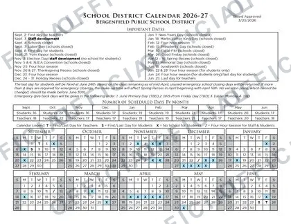 Bergenfield Public School District 2026-27 calendar