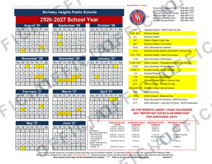 Berkeley Heights Public Schools 2026-27 calendar