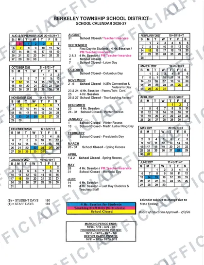 Berkeley Township School District 2026-27 calendar