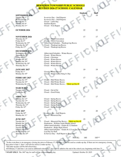 Bernards Township Public Schools 2026-27 calendar