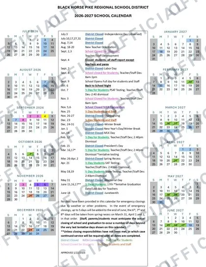 BLACK HORSE PIKE REGIONAL SCHOOL DISTRICT 2026-27 calendar