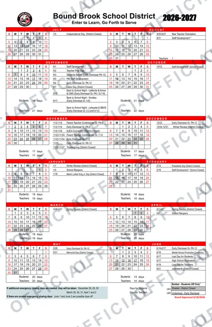 Bound Brook School District 2026-27 calendar